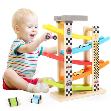Belleur Montessori Toy for 1-3 Years Old Boys and Girls, Kid Race Track Car for Toddlers with 5 Mini Cars & 5 Ramps, Wooden Montessori Car Ramp Toy