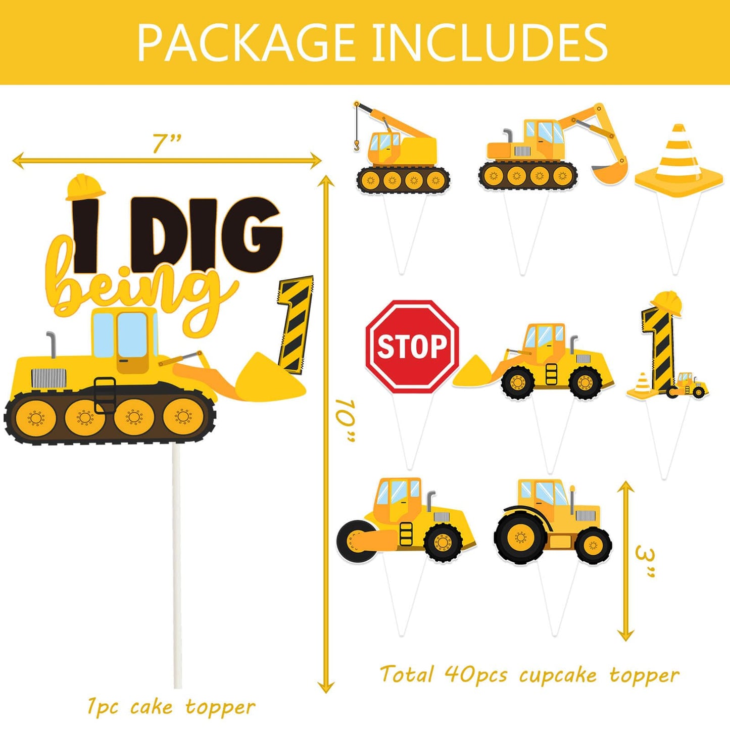 210 Pcs Construction 1st Birthday Decorations - Includes Plates Napkins Cups Cake Cupcake Toppers Banner Hanging Swirls Tablecloths Balloons