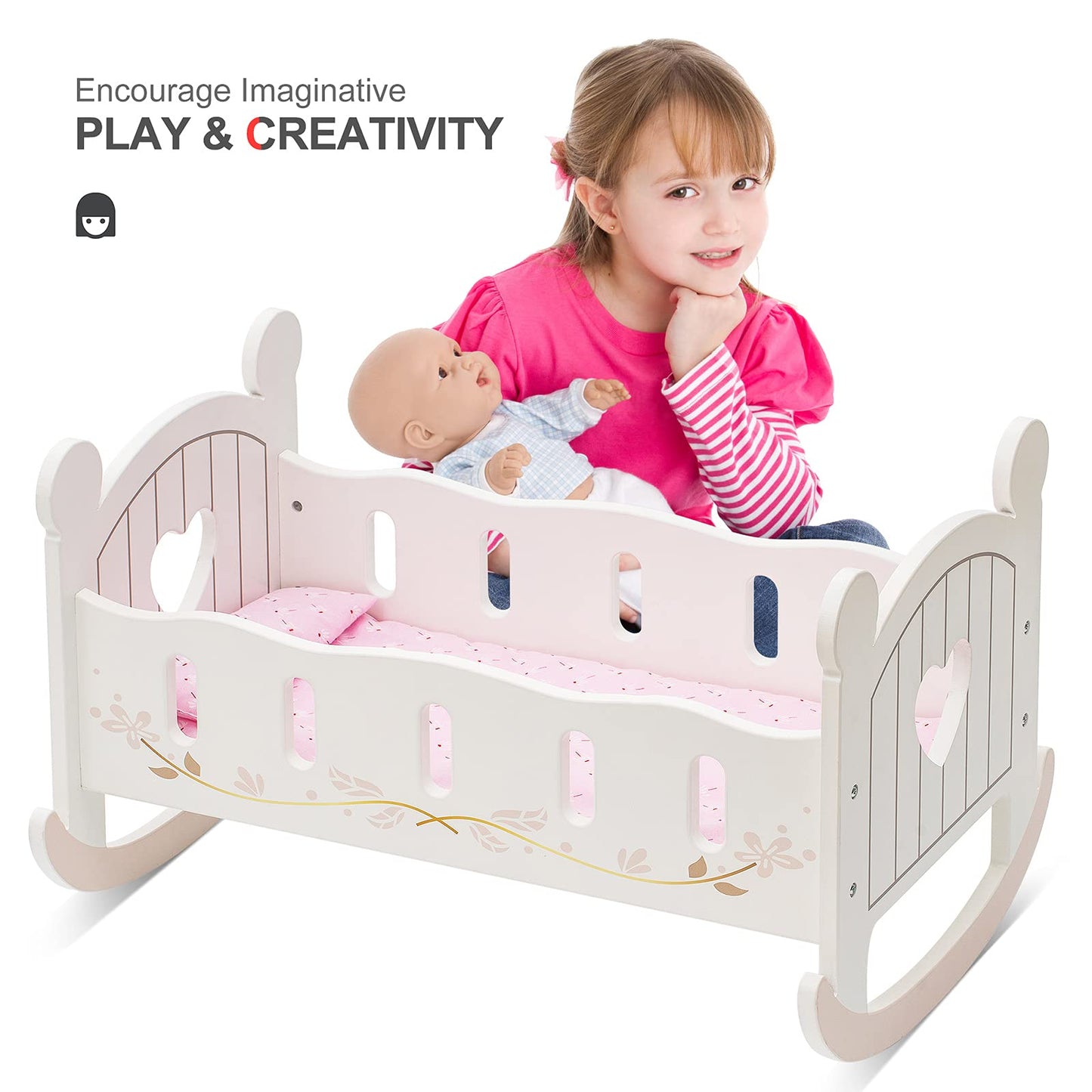 ROBUD Wooden Baby Doll Crib, Baby Doll Bed Toys, Fits Up to 18 Inch Doll Accessories, White
