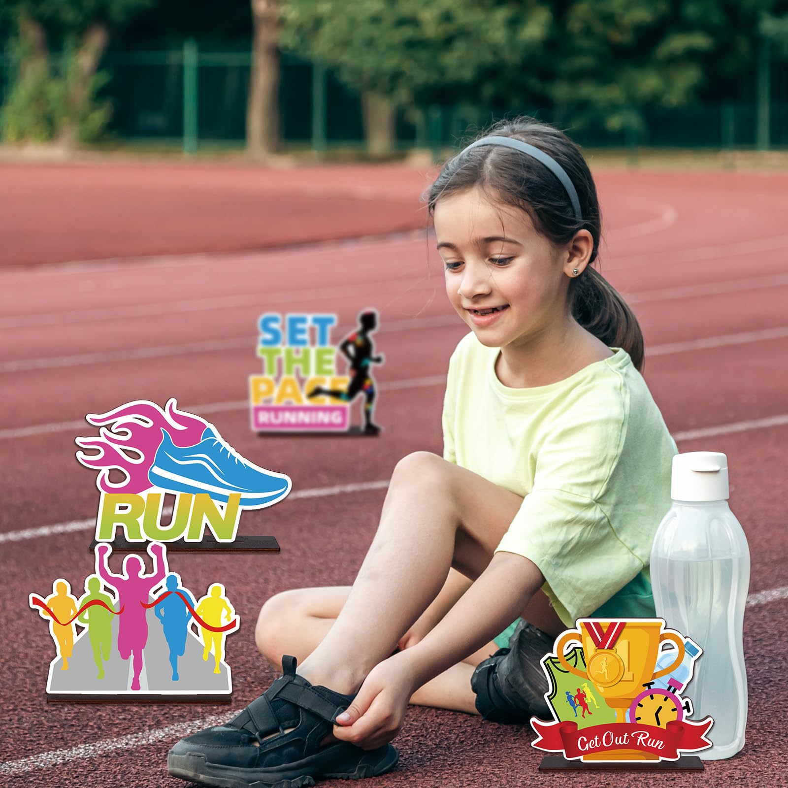 Ioffersuper 4 Pieces Wood Running Table Decorations Running Tabletop Centerpieces Running Marathon Table Toppers Sport Birthday Party Decoration
