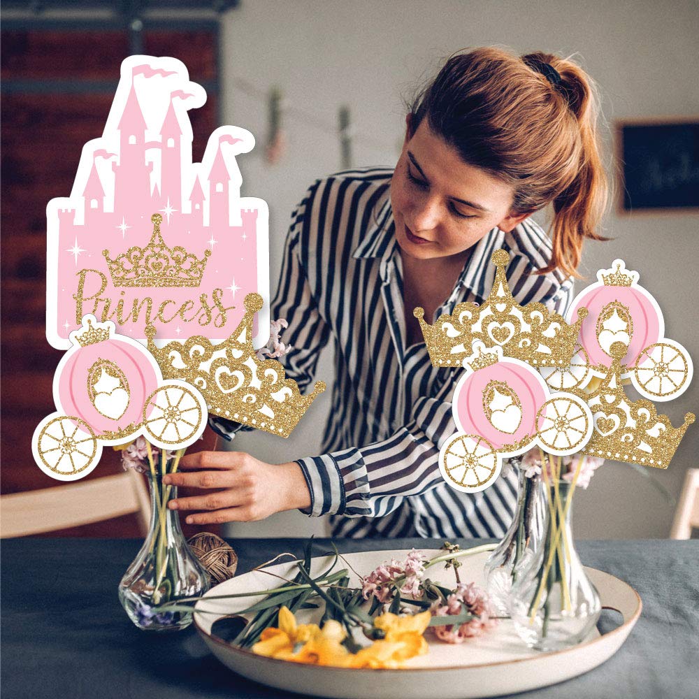 Big Dot of Happiness Little Princess Crown - Pink and Gold Princess Baby Shower or Birthday Party Centerpiece Sticks - Showstopper Table Toppers - 35