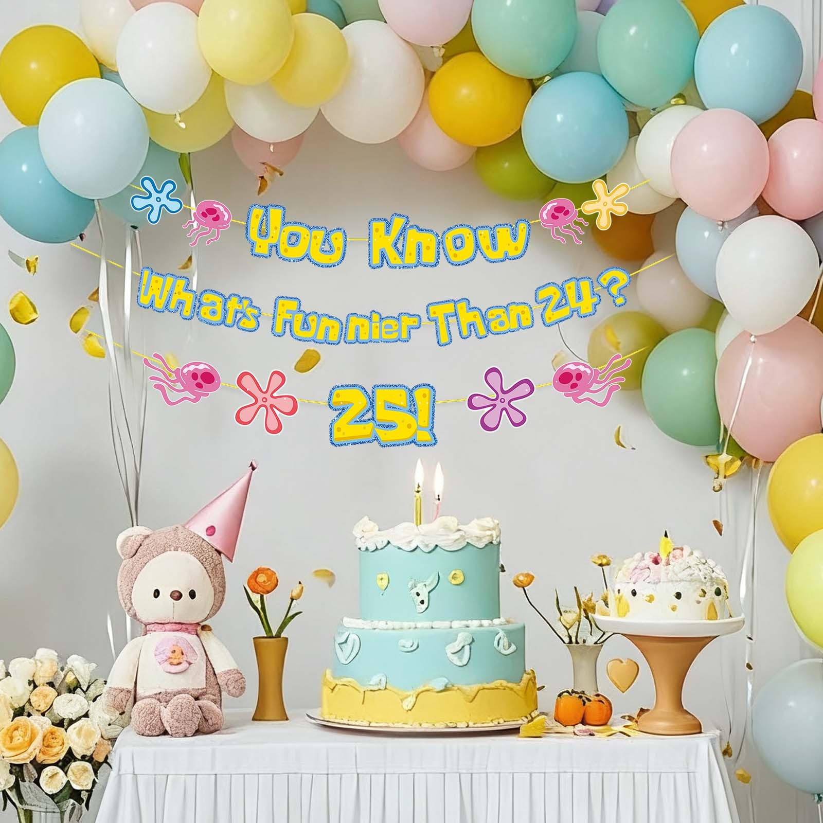 Yellow Glitter 25th Birthday Banner & Cake Topper Kit - “What’s Funnier Than 24?” Party Decoration Set for Milestone 25th Birthday Celebrations
