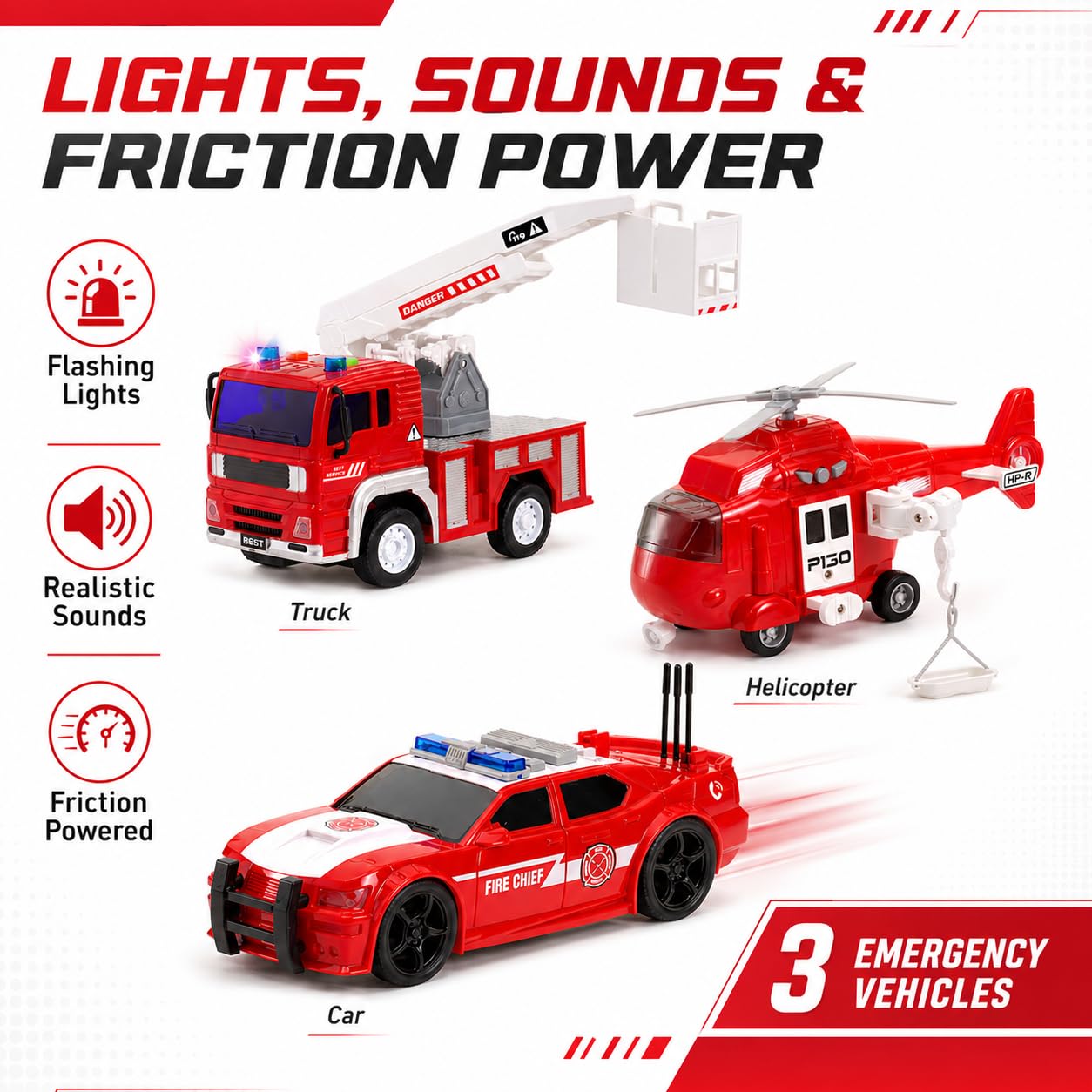 Fire Rescue Toy Set for Kids Ages 3+ - Friction Powered Fire Truck, Rescue Helicopter, Fire Chef Car & 2 Firefighter Figures with Lights & Sounds
