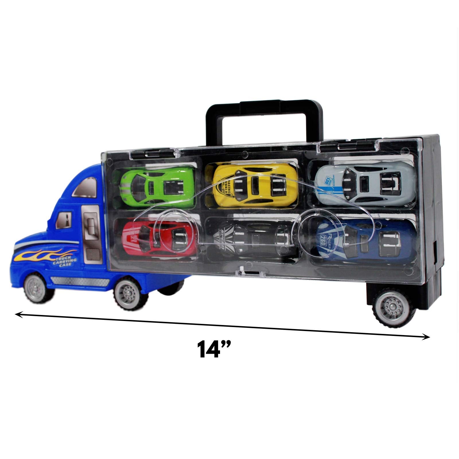 7pc Thunder Wheels Toy Truck Diecast Race Car Carrier Set - Blue