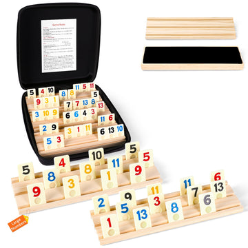 Rummy Cube Set, 2026 New 8 Player Edition with 8 Wooden Racks/Trays, 214 Large Numbers Rummy Melamine Tiles with Zippered Case, Rummy Travel Game Set