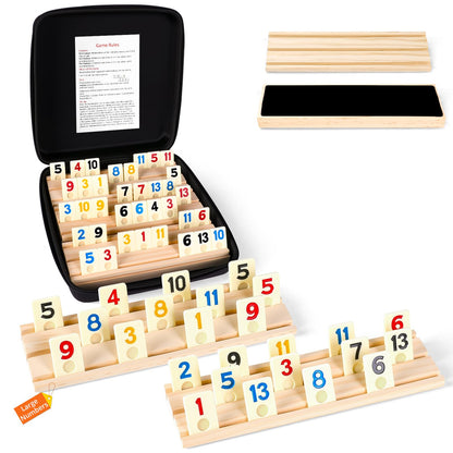 Rummy Cube Set, 2026 New 8 Player Edition with 8 Wooden Racks/Trays, 214 Large Numbers Rummy Melamine Tiles with Zippered Case, Rummy Travel Game Set