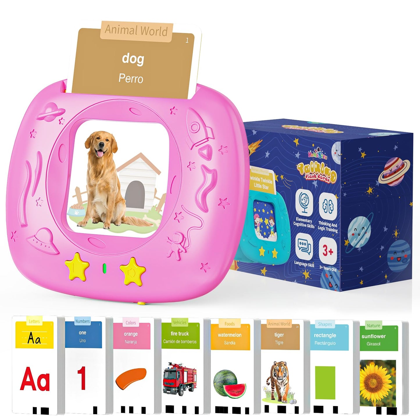 HOMESTEC Toddlers Bilingual Spanish & English Talking Flash Cards, Pink