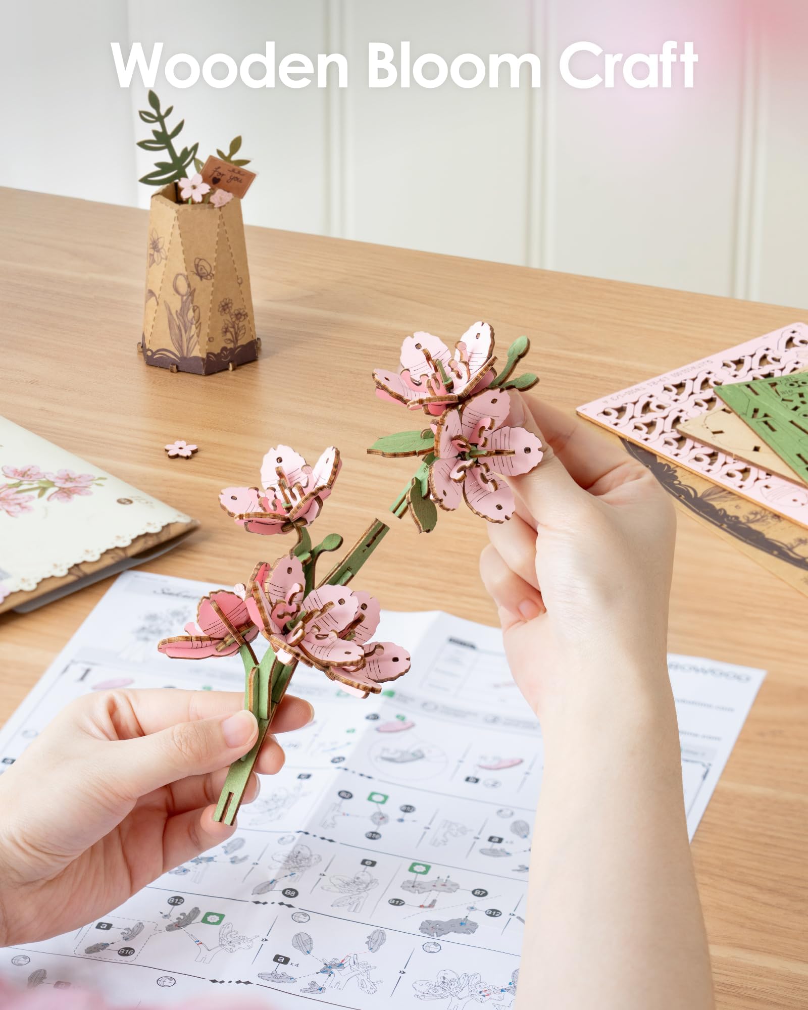ROBOTIME 3D Puzzle Sakura TW101, DIY Wooden Flower Craft, Artificial Flowers Model Kit to Assemble for Adults, Home Decoration and Valentine's Day Toy