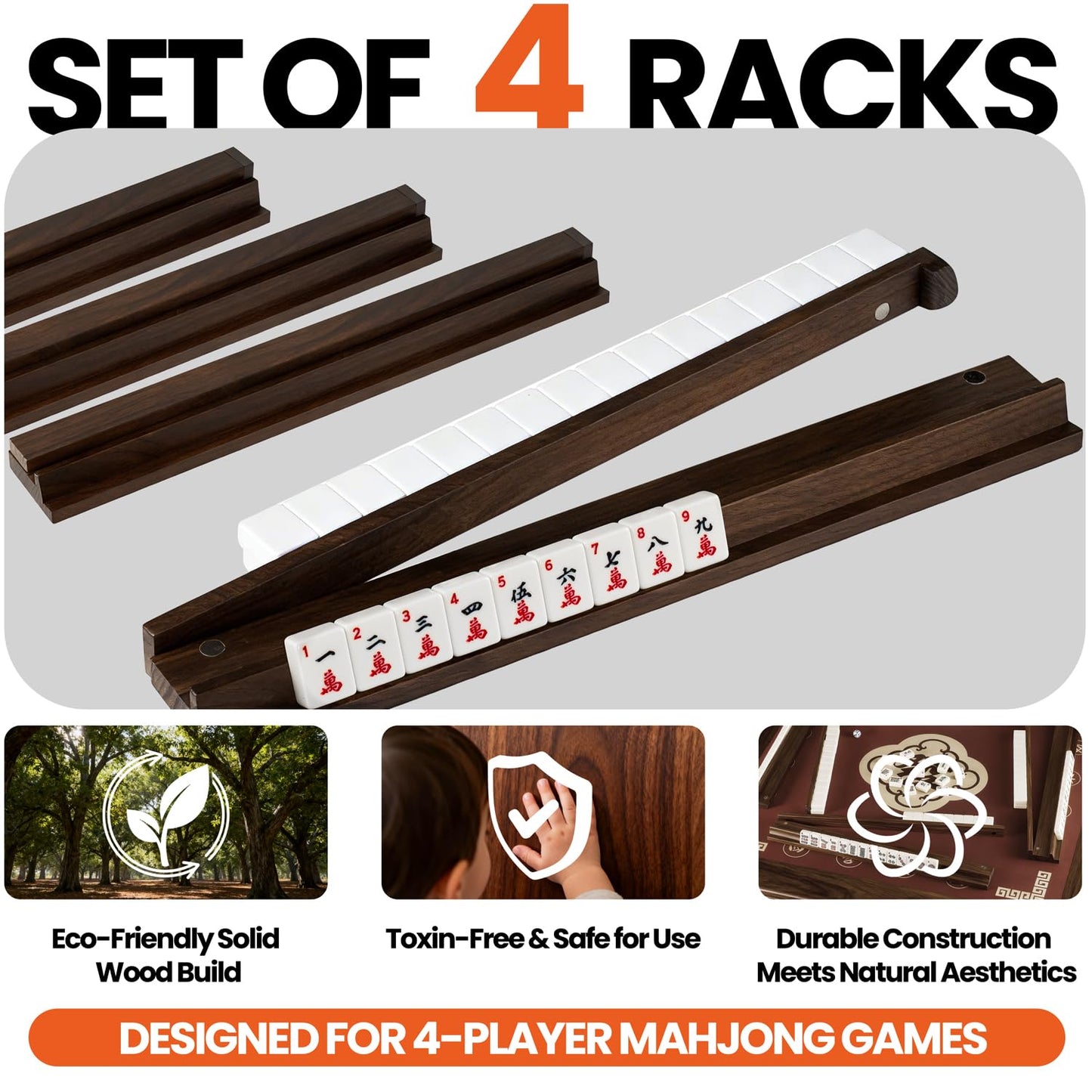 MUTEX American Walnut Wood Mahjong Racks with Pushers, 4pcs Mahjong Racks Set for Mahjong/Mexican Train/Dominoes, Elegant Wooden Mahjong Tiles Racks