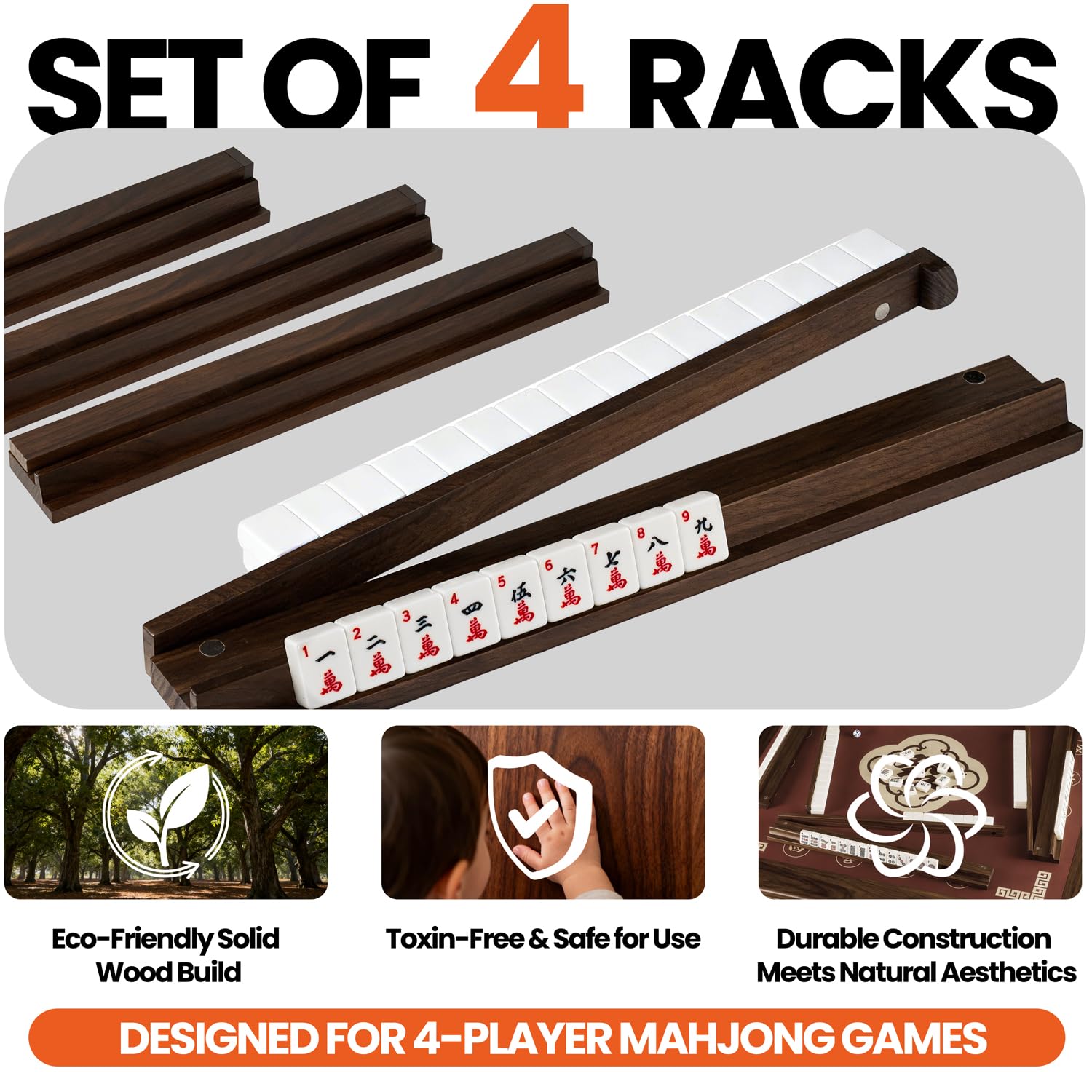 MUTEX American Walnut Wood Mahjong Racks with Pushers, 4pcs Mahjong Racks Set for Mahjong/Mexican Train/Dominoes, Elegant Wooden Mahjong Tiles Racks