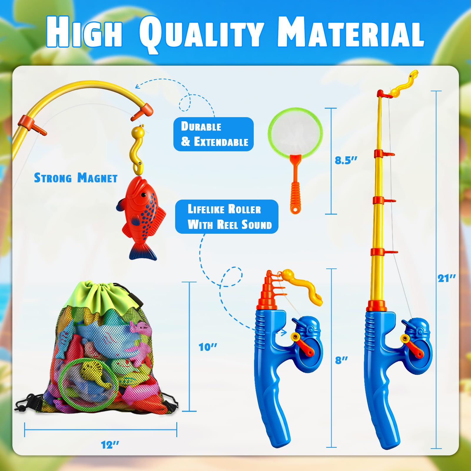 CozyBomB™ Magnetic Fishing Toys Game Set for Kids | Water Table Bathtub Kiddie Pool Party Pole Rod Net, Outdoor Plastic Floating Fish, Toddler Bath