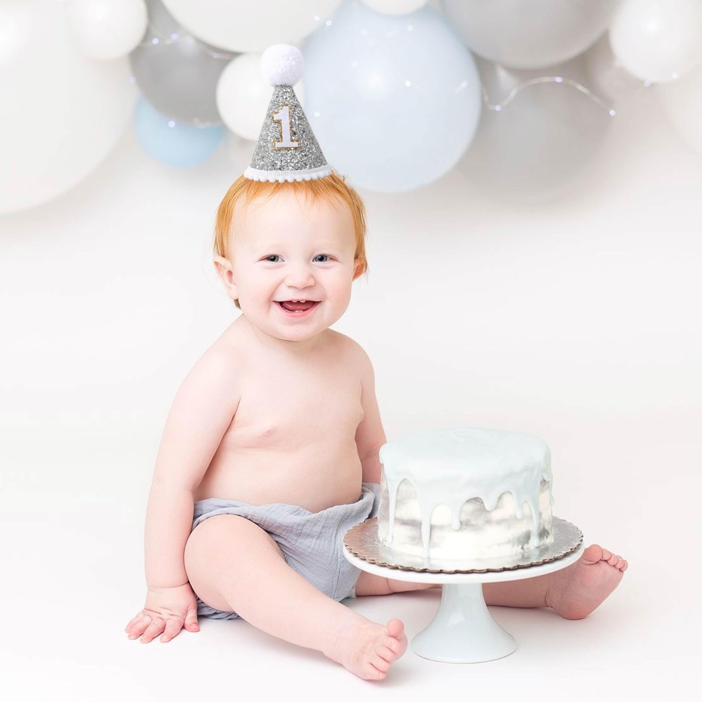 TERJIO Baby's Cone Silvery 1st birthday Crown - Natural Boho 1st/First Birthday Decorations,1st Birthday Hat, Cake Smash Photo Prop. (Silver Boho