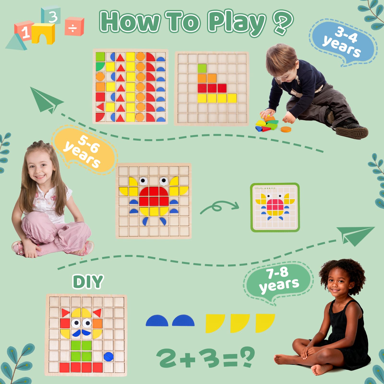 Wooden Pattern Blocks with Grid Board 142PCS Wood Mosaic Tiles Montessori Shape Puzzle Tangrams for Kids with Storage Bag Preschool Educational Toys