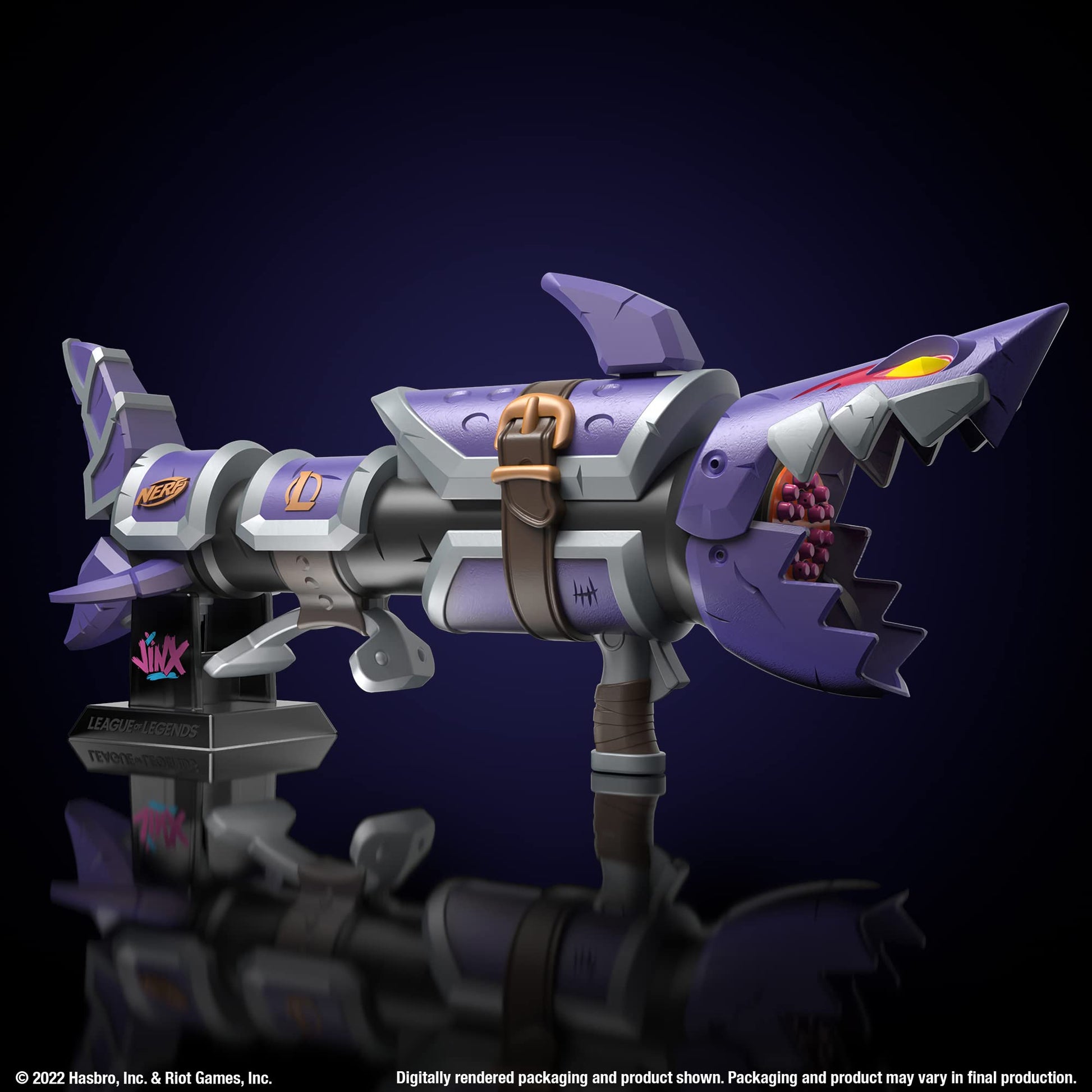 Nerf LMTD League of Legends Jinx Fishbones Blaster, 18 Dart Drum, 18 Elite Darts, 3 Dart Burst, Display Stand