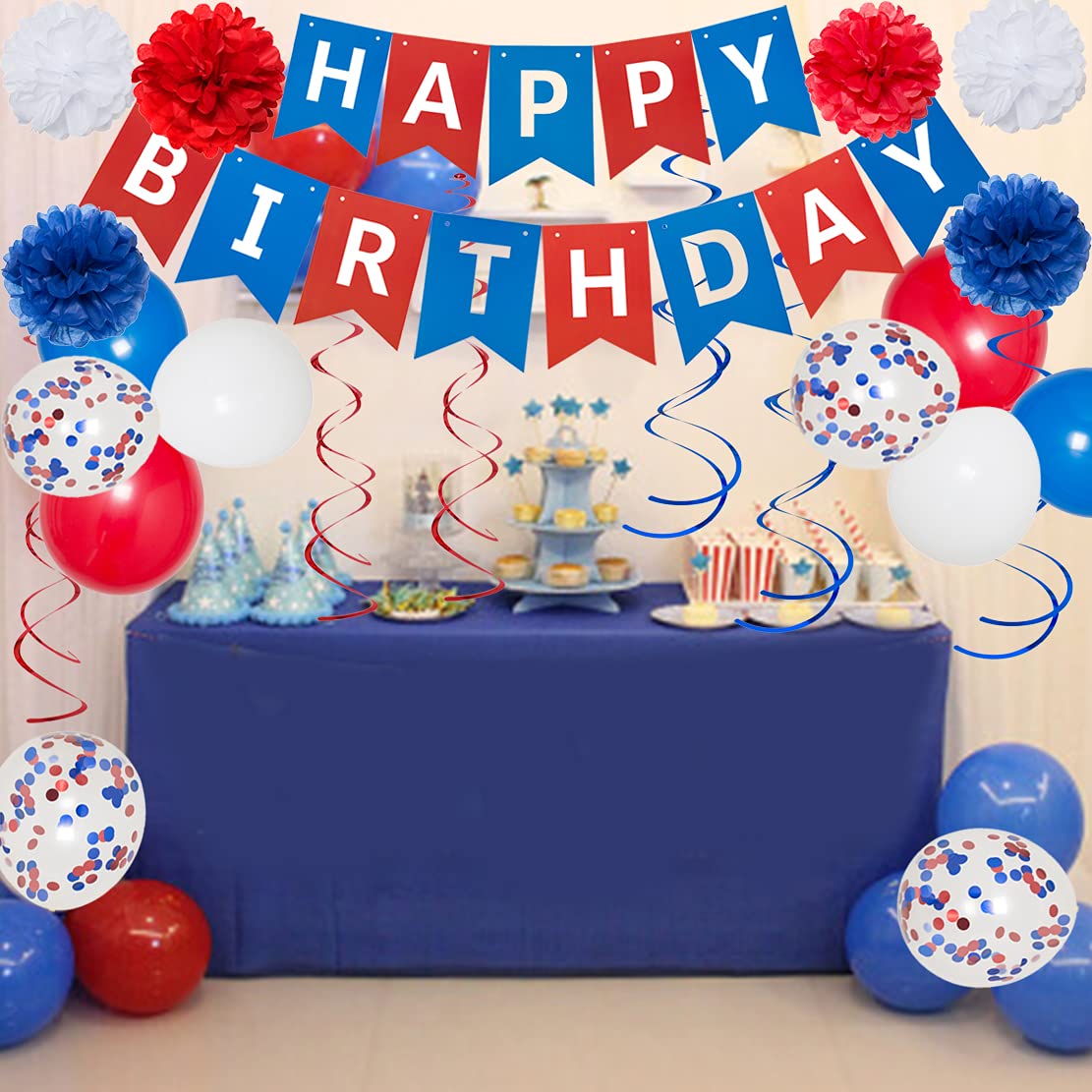 Blue White and Red Birthday Decorations, Patriotic Party Supplies Kit for Men Women Boys Grils, Happy Birthday Banner Paper Pompoms Red Blue Confetti