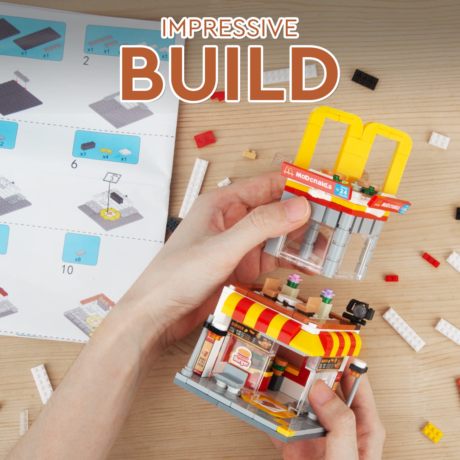 HIGH GODO City Street View Burger Shop Building Set, MOC Creative Model Set Creative Model Toys, Unique Home Decor, Ideas Birthday Holidays Toy Gift