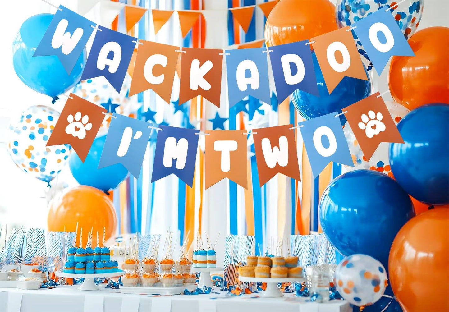 Blue Orange Birthday Decoration Banner, Blue Dog Birthday Party Decoration for 2nd Boys Girls Party Celebration