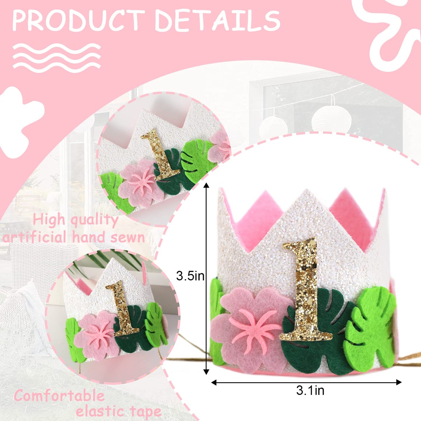 Agkvw Pink Wild One Birthday Crown for Girls - Tropical Pink 1st Birthday Hat, Girls Jungle Safari 1st Birthday Decoration, Hawaiian 1stBirthday Decor