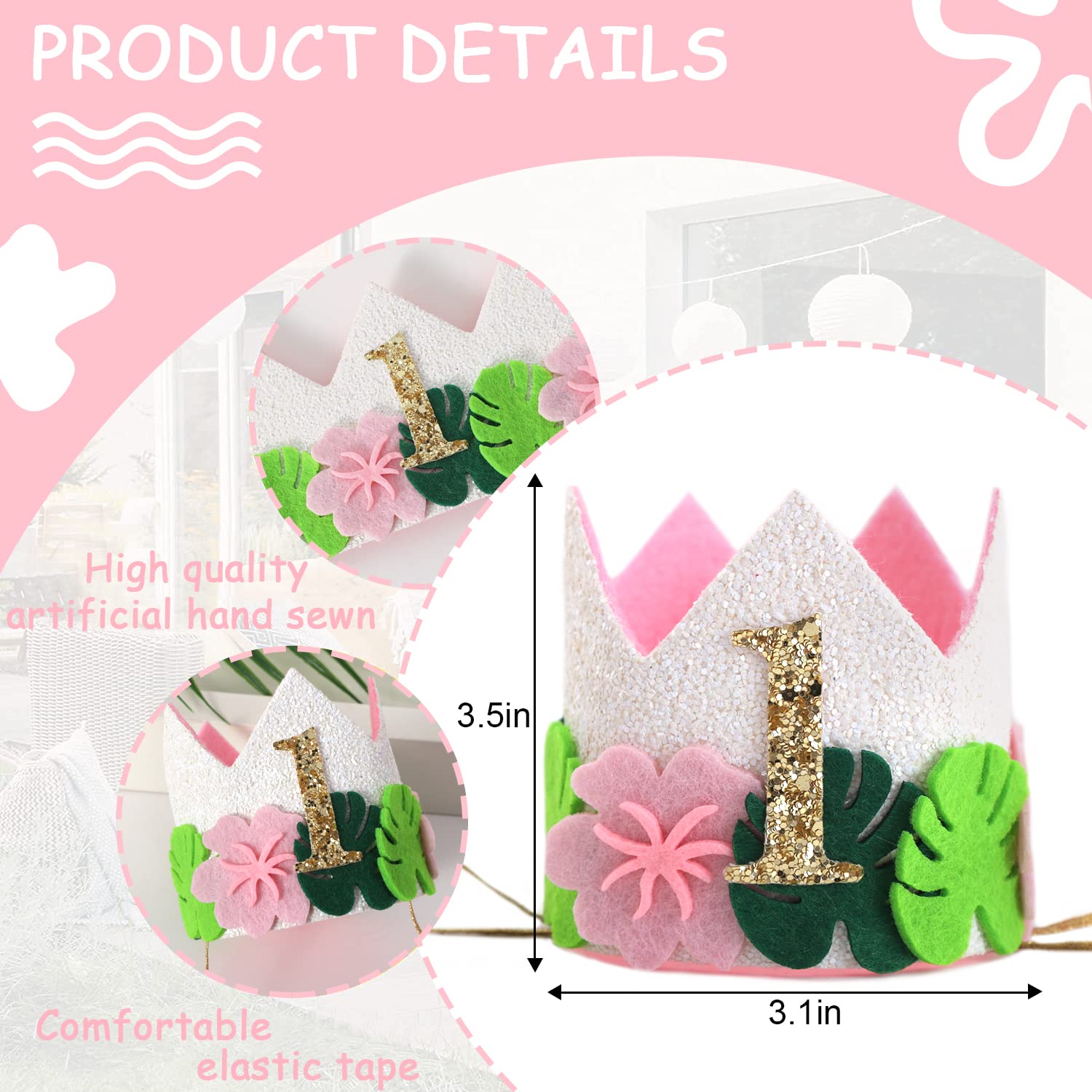 Agkvw Pink Wild One Birthday Crown for Girls - Tropical Pink 1st Birthday Hat, Girls Jungle Safari 1st Birthday Decoration, Hawaiian 1stBirthday Decor