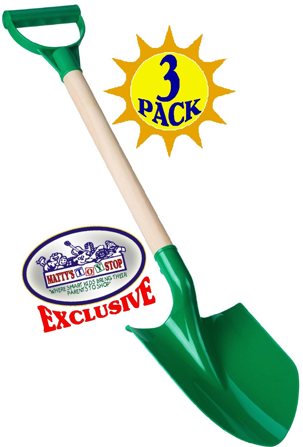 Matty's Toy Stop 31" Heavy Duty Wooden Kids Sand Shovels with Plastic Spade & Handle (Red, Blue & Green) Complete Gift Set Bundle - 3 Pack