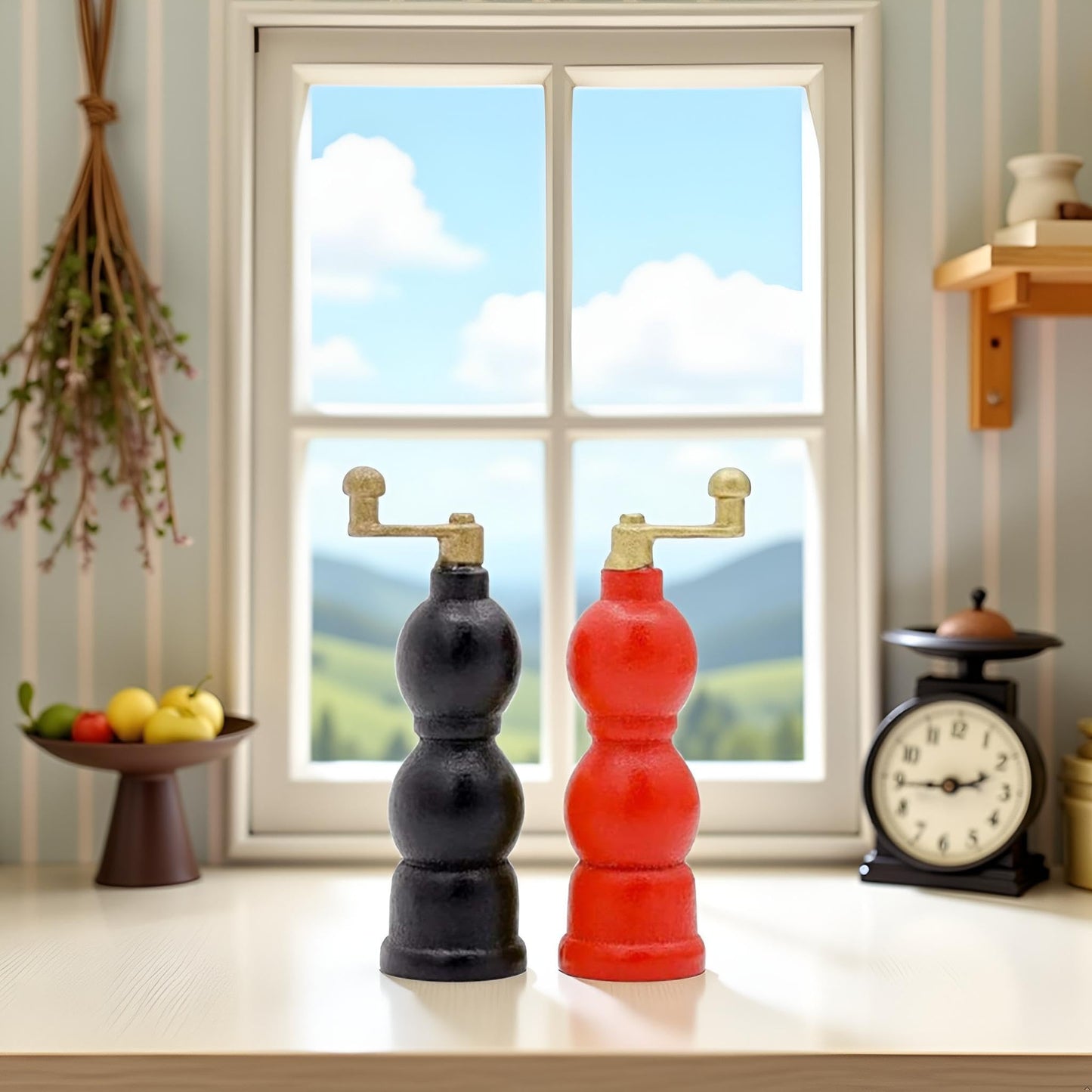 1 Pair of Red and Black 1/6 Miniature Salt and Pepper Grinder Dollhouse Decoration Accessories Salt and Pepper Grinder Miniature Dollhouse Accessories