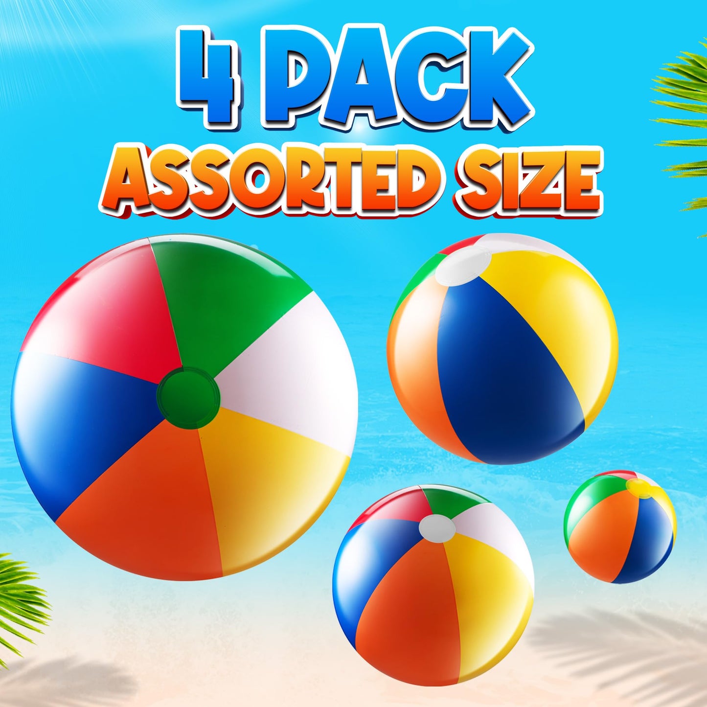 Inflatable Beach Balls (4-Pack) Rainbow Pool Ball Toys in 4 Assorted Sizes