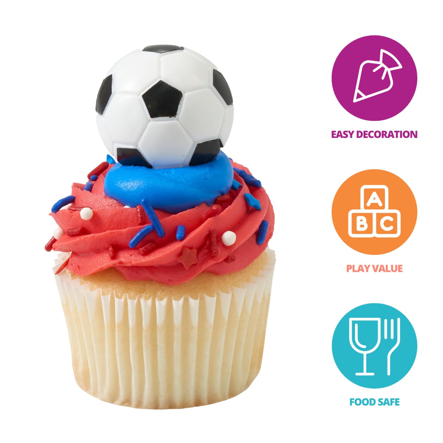 DecoPac Soccer Rings, Cupcake Decorations, Soccer Ball Cupcake Toppers, Food Safe Cake Topper - 24 Pack