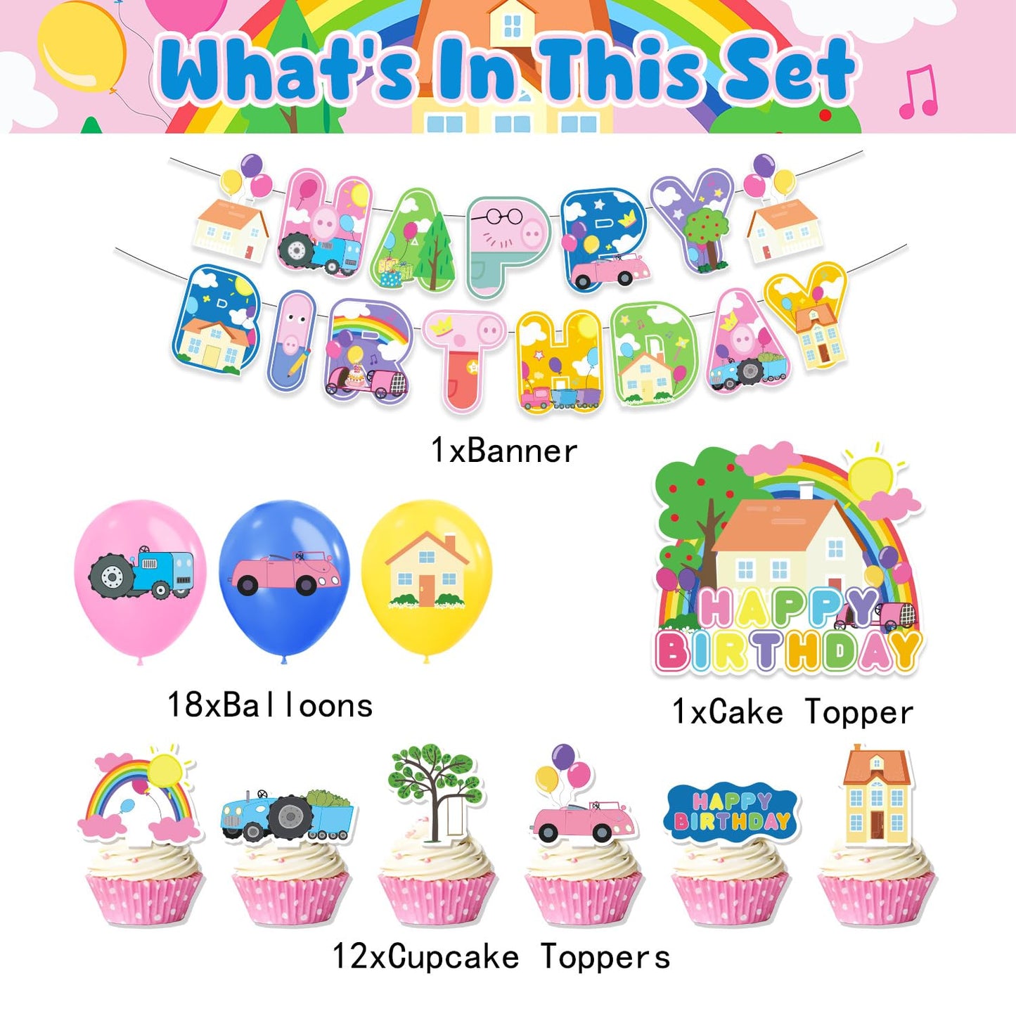 Pink Pig Birthday Party Supplies,Birthday Banner Cake Toppers Balloons,Pink Pig Theme Party Decorations