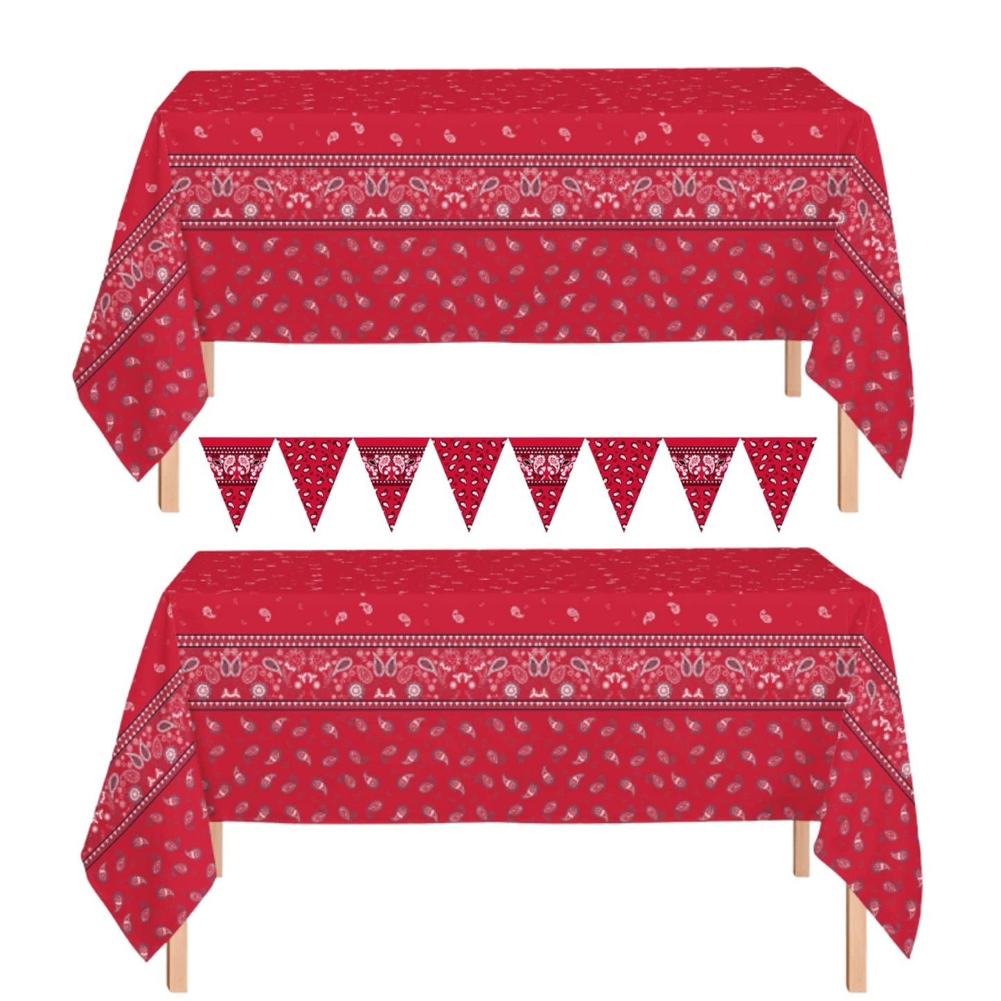 Oojami Cowboy Tablecloth 4 Pack - Western Bandana Plastic Table Cover 54" x 108" with 2 Pennant Banners, Disposable Waterproof Country Tablecloths