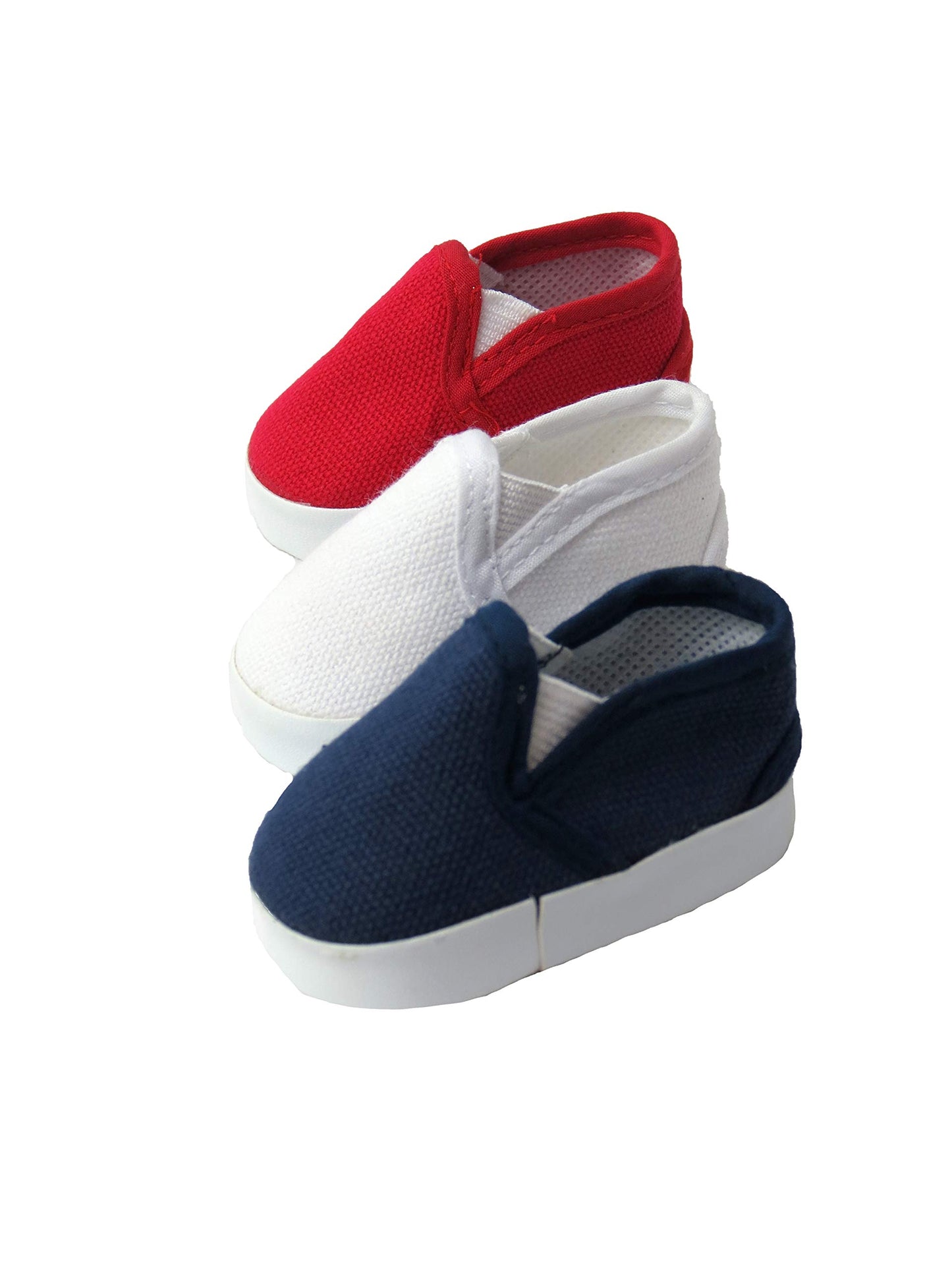 American Fashion World Red White and Blue Canvas Slip-Ons for 18-Inch Dolls | 3 Pack | Premium Quality & Trendy Design | Dolls Shoes | Shoe Fashion