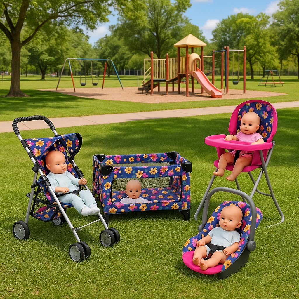 fash n kolor 4 Piece Baby Doll Play Set Flower Design Includes - Foldable Pack N Play, Baby Doll Stroller, Baby Doll High Chair, Infant Seat, Fits Up