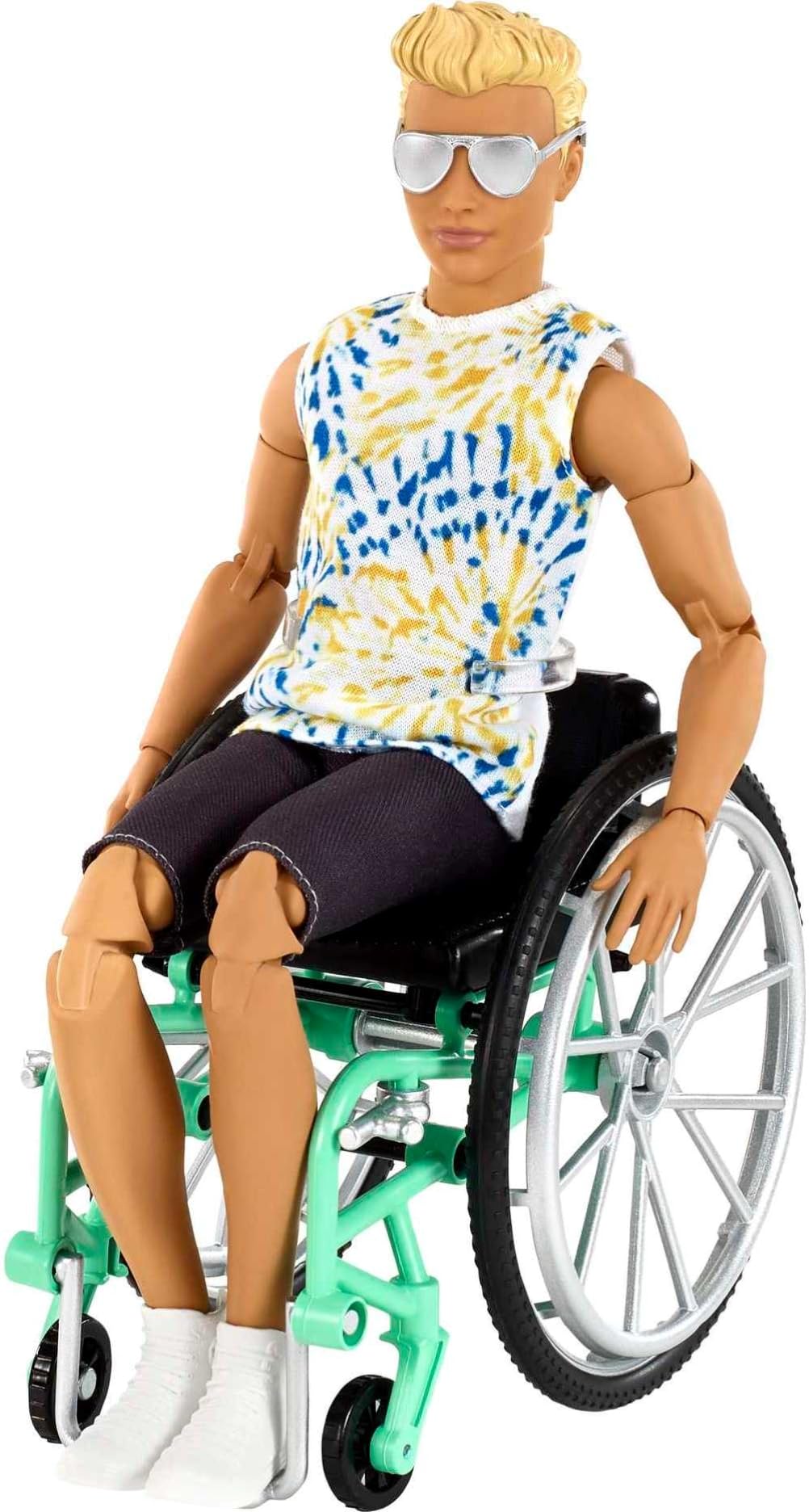 Barbie Ken Fashionistas Doll #167 with Wheelchair & Ramp Wearing Tie-Dye Shirt, Black Shorts, White Sneakers & Sunglasses, Toy for Kids 3 to 8 Years
