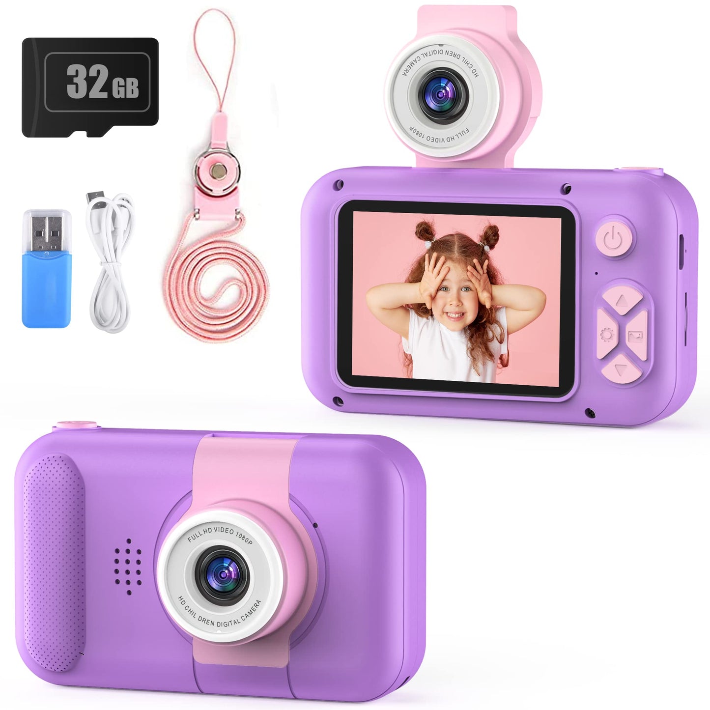 PURULU Kids Camera with 180° Flip-up Lens for Selfie & Video, HD Digital Video Cameras for Toddler with 32GB SD Card, Ideal for 3-8 Years Old Girls