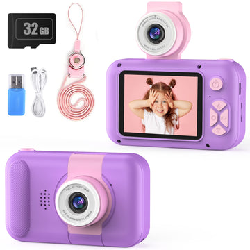 PURULU Kids Camera with 180° Flip-up Lens for Selfie & Video, HD Digital Video Cameras for Toddler with 32GB SD Card, Ideal for 3-8 Years Old Girls