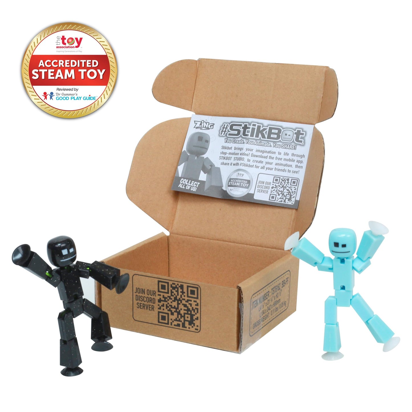 Zing StikBot Dual Pack - Includes 2 StikBots - Collectible Action Figures and Accessories, Stop Motion Animation, Ages 4 and Up (Ice Blue+Solid Black