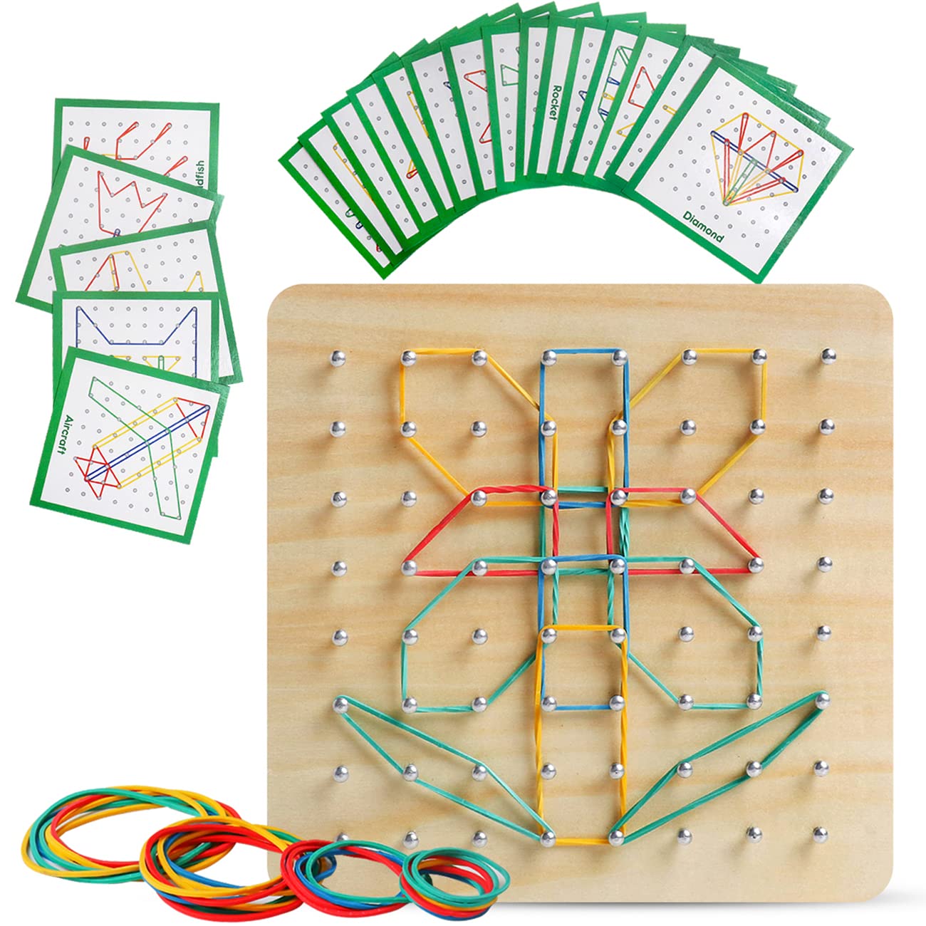 Wooden Geoboard with Rubber Bands Graphical Math Pattern Blocks Geo Board - Montessori Educational Toy for Kids with Pattern Cards and Rubber Bands