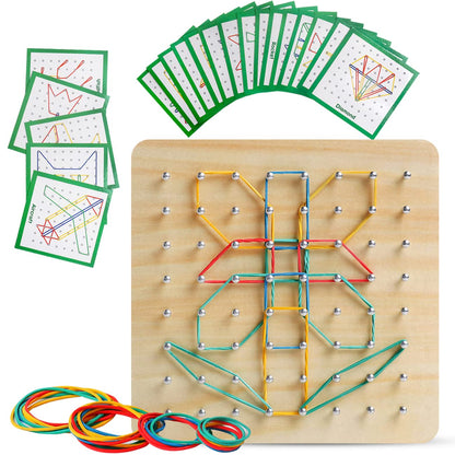 Wooden Geoboard with Rubber Bands Graphical Math Pattern Blocks Geo Board - Montessori Educational Toy for Kids with Pattern Cards and Rubber Bands