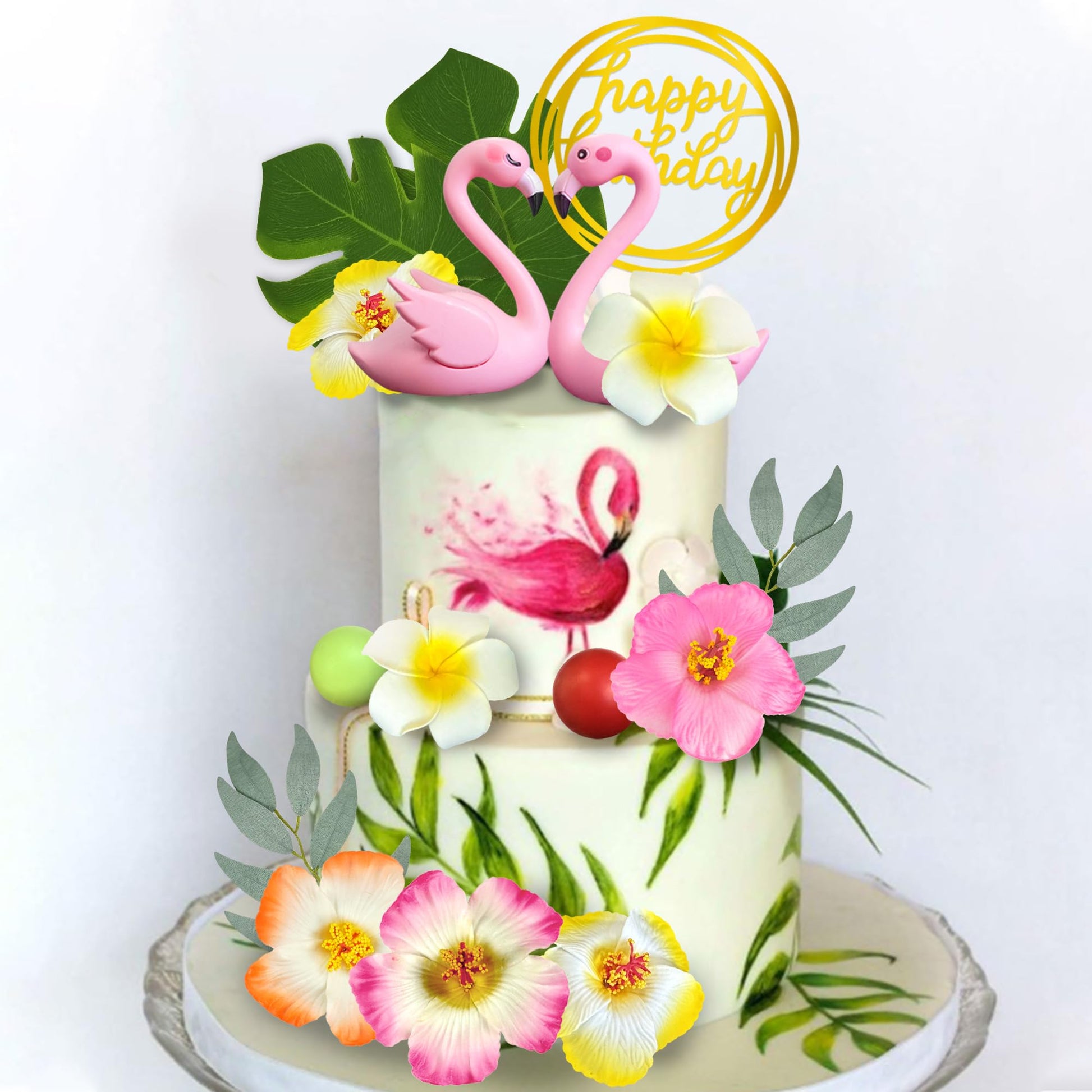 Flamingo Cake Toppers Summer Cake Decorations with Flower Palm Leaf Cake Toppers for Tropical Hawaiian and Beach Theme (Style1)