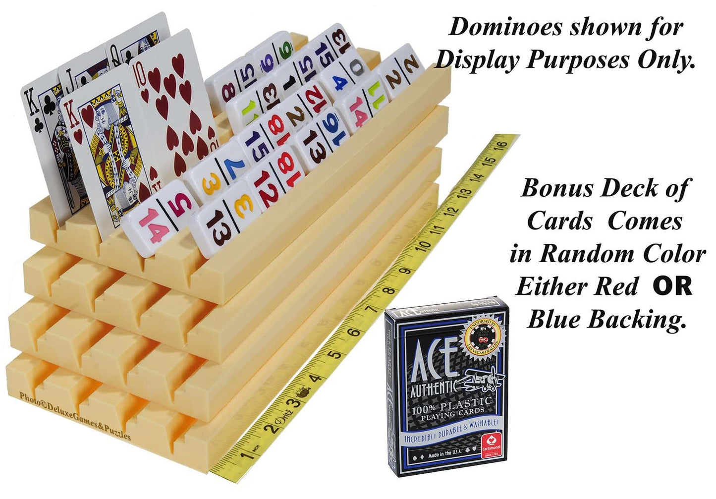 Plastic Trays / Racks for Dominoes OR Playing Card _ Dual Use _ Set of 4 _ Bonus 1 Deck of Ace 100% Plastic Playing Cards (Random backing color of Red