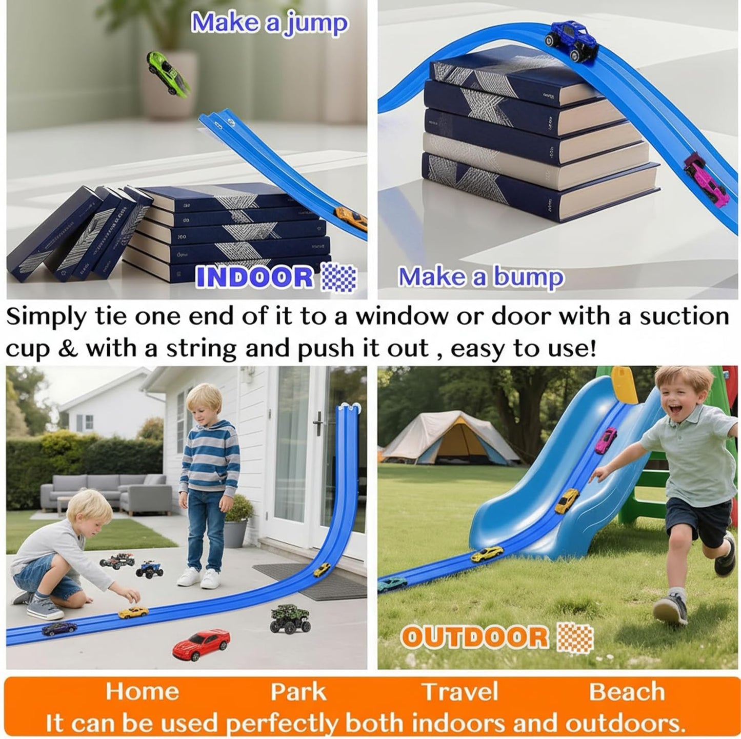 15 Ft Flexible Race Car Track for Kids, Rolls Up Portable Race Tracks with 6 Car & Suction Cups, Compatible with Hot Wheels and Diecast 1/64th Cars