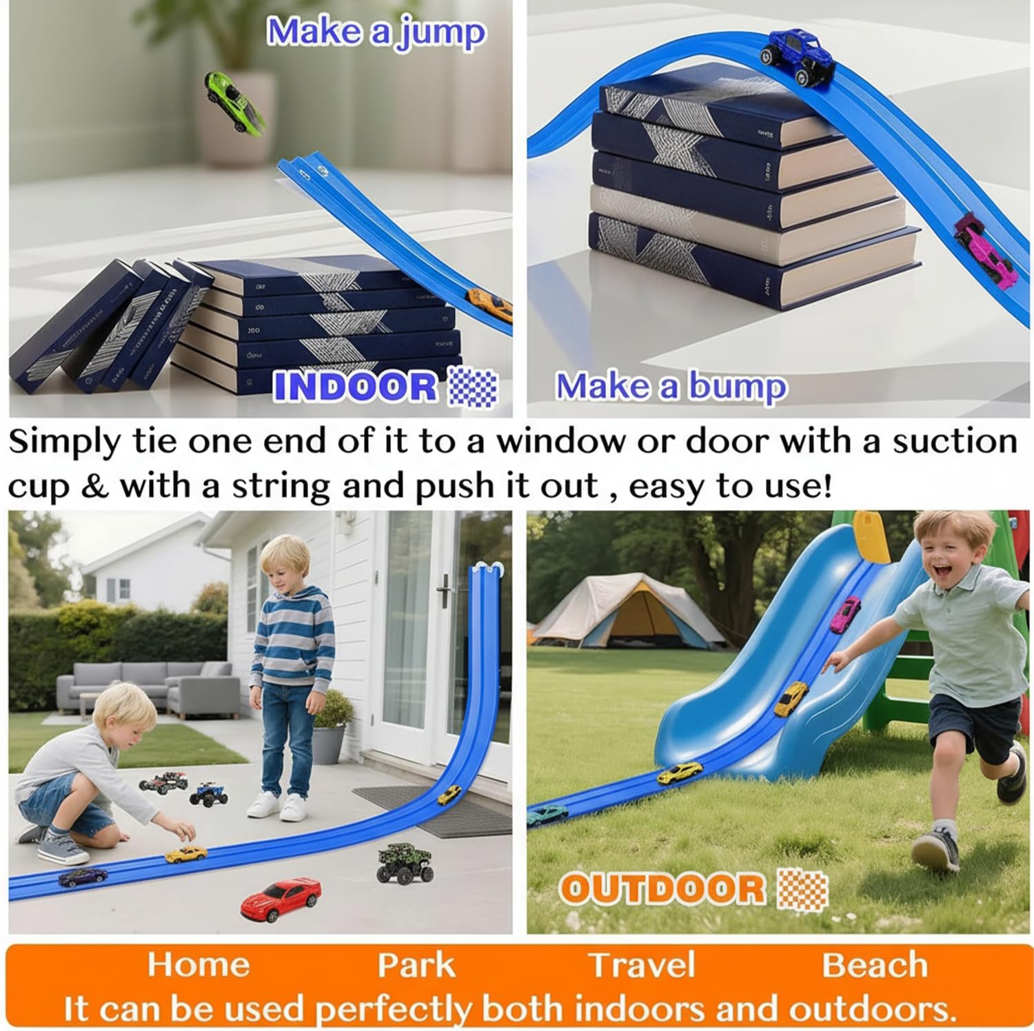 15 Ft Flexible Race Car Track for Kids, Rolls Up Portable Race Tracks with 6 Car & Suction Cups, Compatible with Hot Wheels and Diecast 1/64th Cars