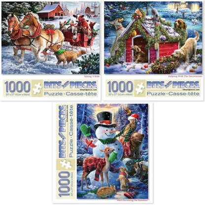 Bits and Pieces - Value Set of Three (3) 1000 Piece Jigsaw Puzzles for Adults - Each Puzzle Measures 20" X 27" - Winter Holiday Forest Animals Jigsaws