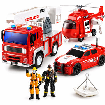 Fire Rescue Toy Set for Kids Ages 3+ - Friction Powered Fire Truck, Rescue Helicopter, Fire Chef Car & 2 Firefighter Figures with Lights & Sounds