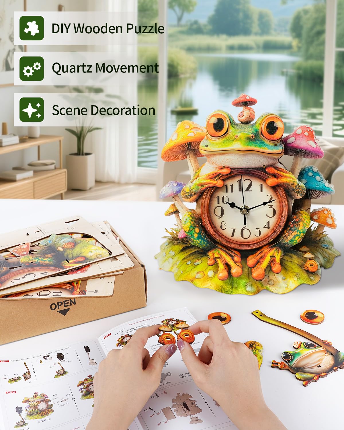 3D Wooden Puzzles for Adults, Frog Clock with Pendulum Model Kit, 3D Puzzles for Adults Room Home Decor DIY Wall Clock Kit, Holiday Birthday Christmas