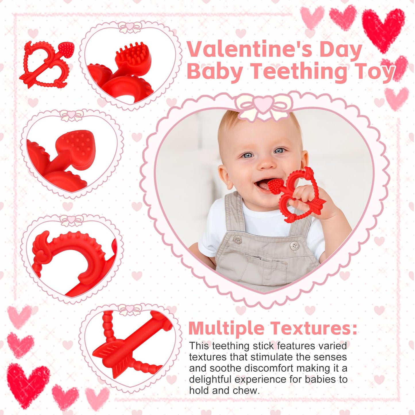 Valentines Heart Baby Teething Toys for Babies 0-36 Months, Easy for Little Hands to Hold,Cupid Bow and Arrow Soft Teether Toy, Surface texture