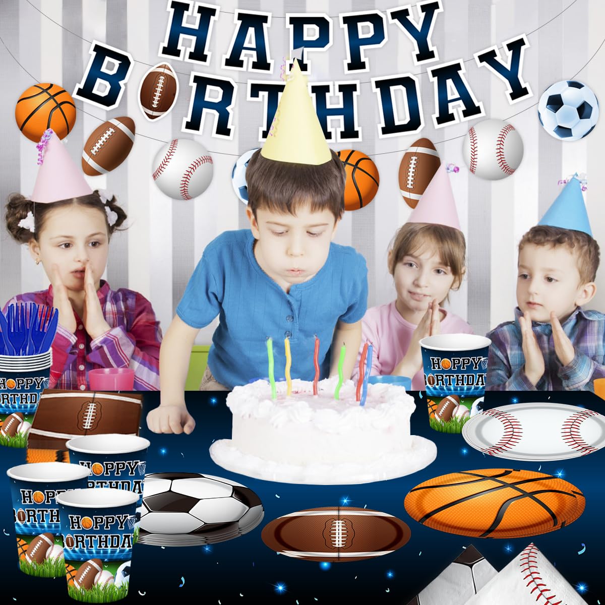Sports Birthday Party Decorations-142Pcs Sports Theme Plates and Napkins Kit Basketball Football Baseball Soccer Tableware Serves 20 Guests