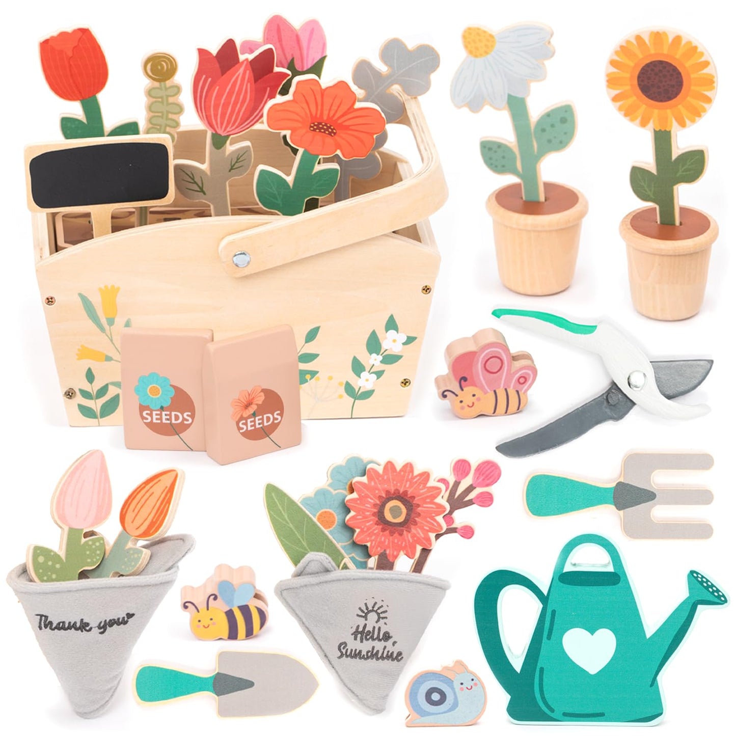 umu® Wooden Garden Play Set - 30 Pcs Kids Gardening Toy with Watering Can Shovel Rake Basket & Accessories - Outdoor Pretend Play Tool Set for Boys
