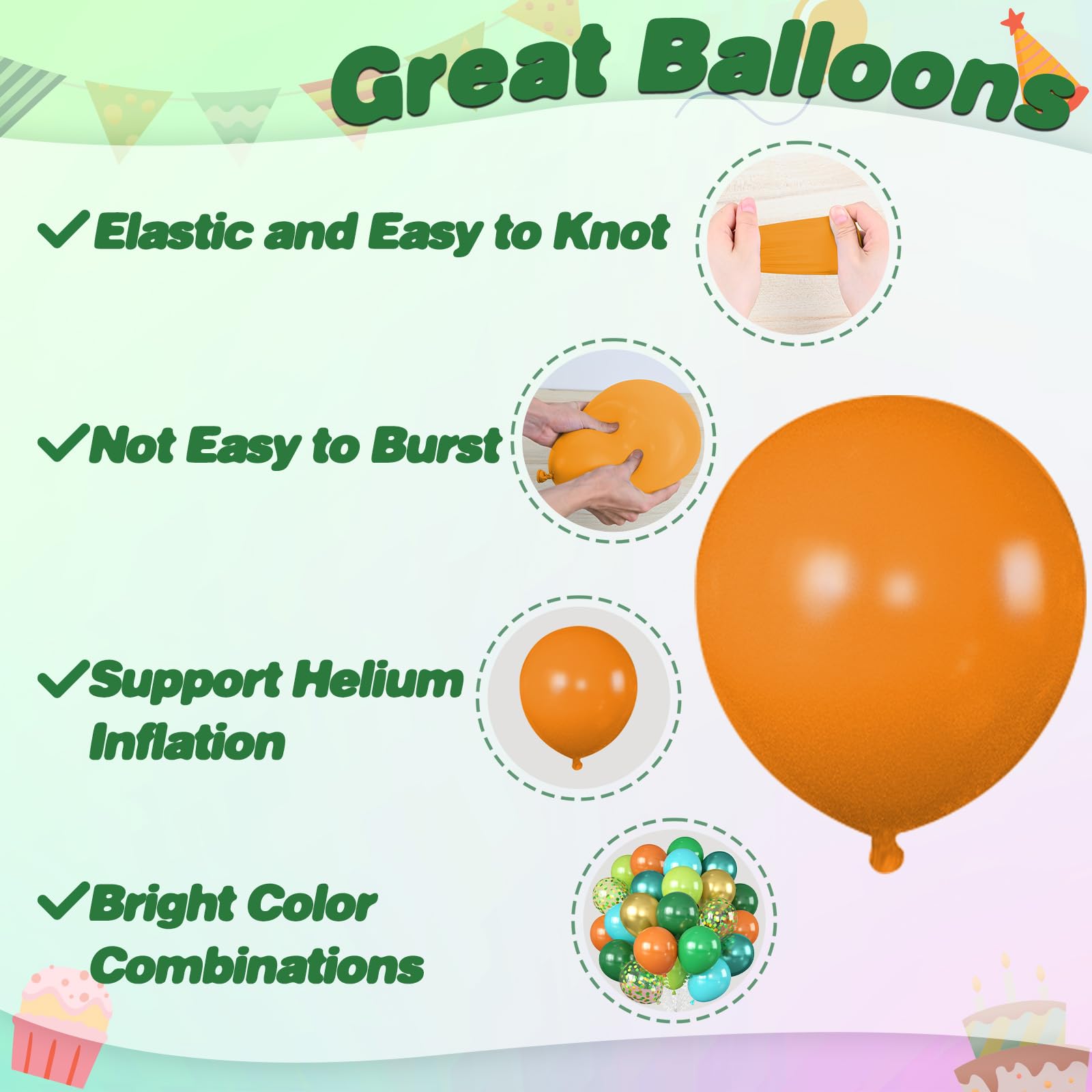 Dinosaur Balloons, 12 Inch Dark Green Teal and Orange Balloons, Metallic Gold Fruit Green Gold Confetti Balloon with Ribbons for Boys Baby Shower