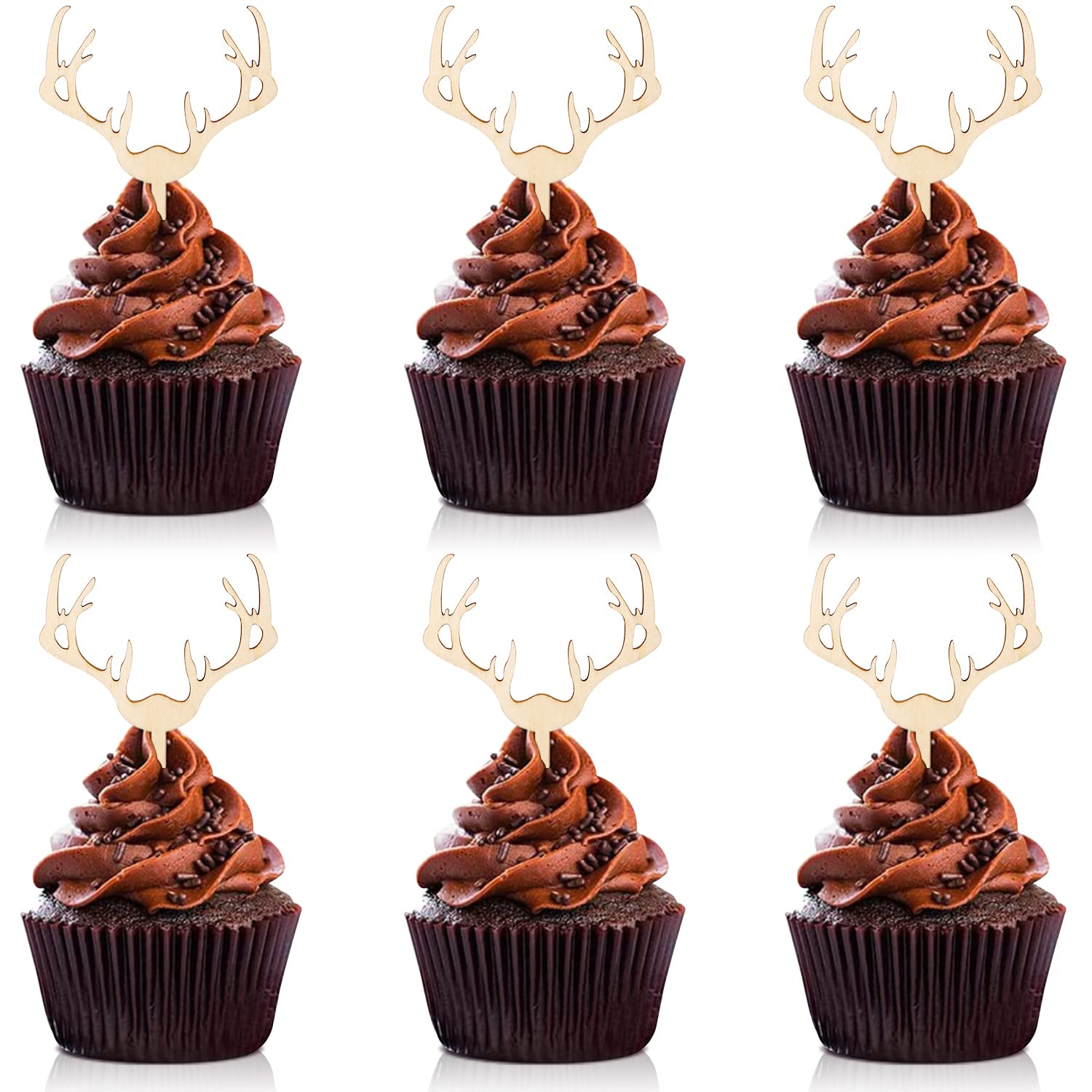 Huray Rayho Antler Cupcake Toppers Wooden Deer Cake Picks Decorations Baby Shower Wedding Hunting Boho Rustic Country Birthday Theme Party Supplies