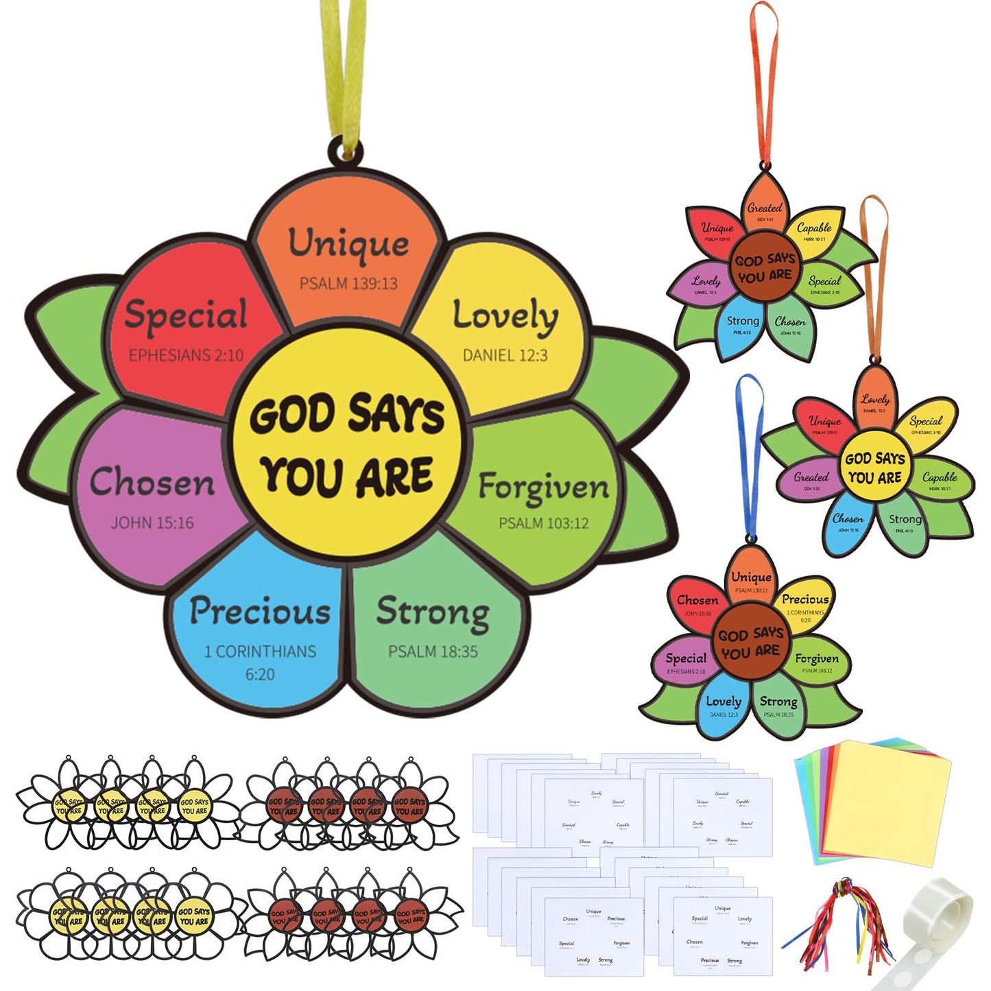 Fennoral 24 Pack God Says You are Sunflower Suncatcher DIY Craft Kit for Kids Religious Christian Bible Verse Hanging Window Ornaments Sunday School